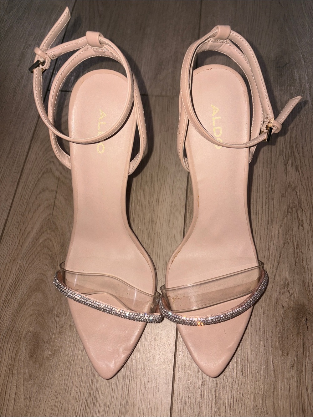 ALDO Blush Pink Pointed Ankle-Strap Heels with Clear and Rhinestone Strap